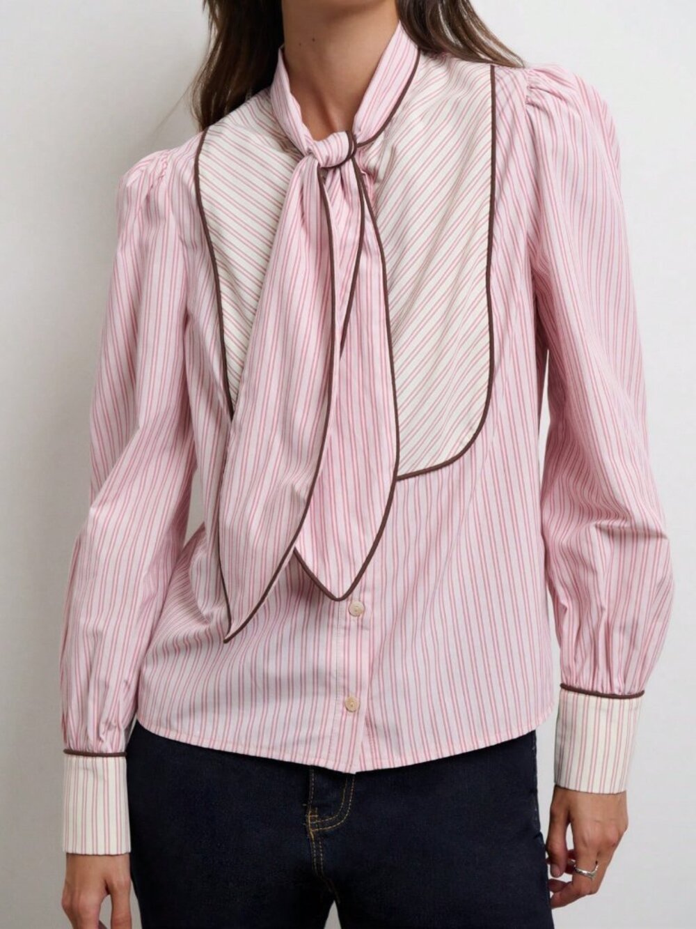 Pink Elegant Women's Regular Fit Pinstripe Tie-Neck Bishop Sleeve Shirt - Picture 3 of 7